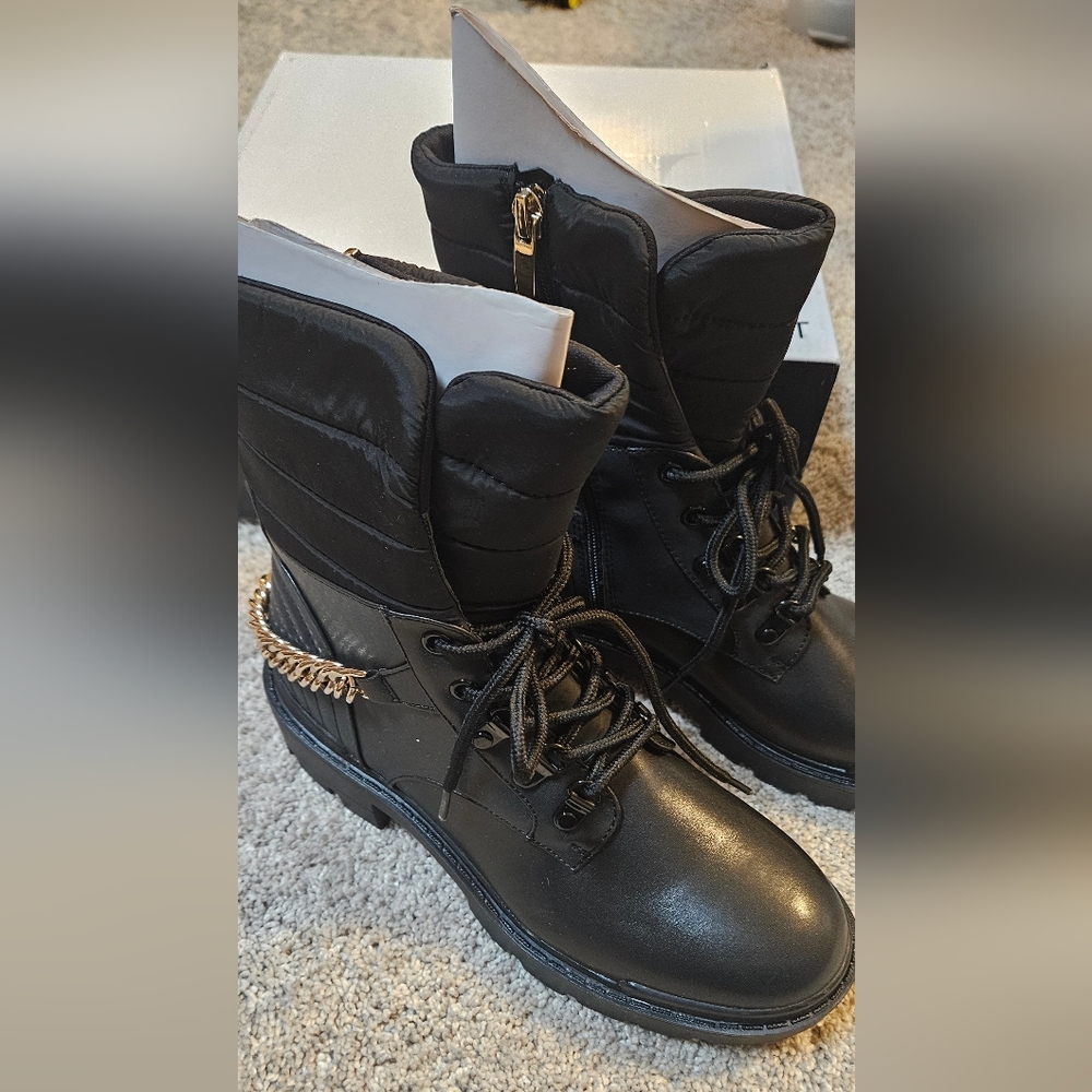 Nine West Black Combat & Moto Boots with Gold Chain